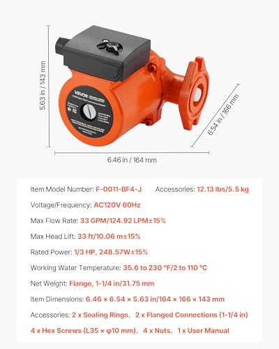 Image of VEVOR F-0011-BF4-J Cast Iron Circulator Pump, 33 GPM, AC 120V 33 ft Hot Water Recirculating Circulation Pump, 1-1 /4 in Flange Connection, 3-Speed Adjustment, Quiet Operation, for Home Heating System