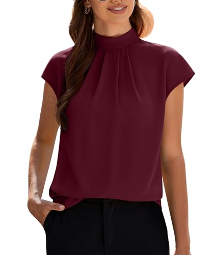 Image of Funlingo Womens Summer Tops Mock Neck Short Cap Sleeve Blouses Business Casual Work Chiffon Shirts Front Pleated Tunic Top