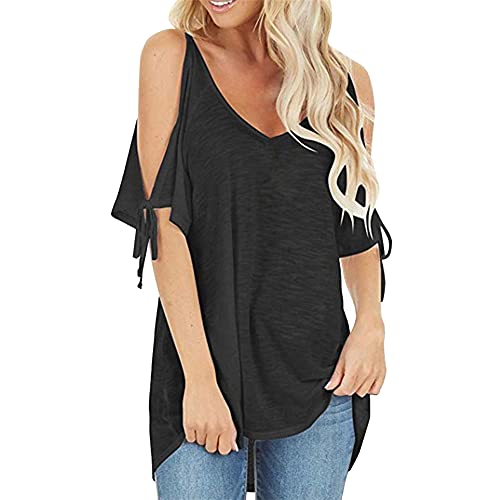 PRJN Maglietta Estiva Casual con Spalle Scoperte da Donna Girocollo con Spalle Scoperte Camicetta Tinta Unita con Lacci da Donna Maglietta Ampia con Spalle Scoperte Casual Maglietta Girocollo Sciolta