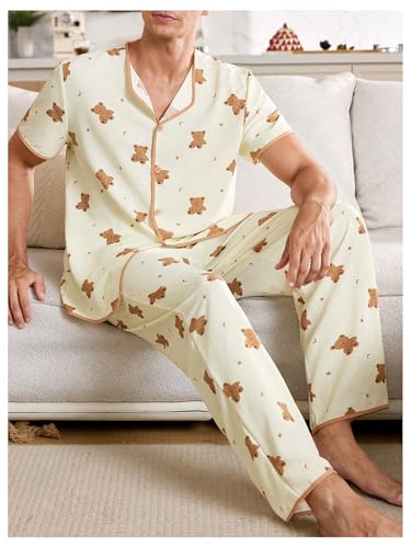 Men's 2 Piece Pajama Set Cartoon Bear Graphic Short Sleeve Button Down Shirt and Pants Pjs Sets Sleepwear Loungewear3