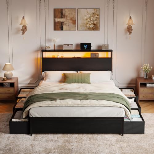 Image of Forestell Full Size Bed Frame with 2-Tier Storage Headboard & 6 Drawers