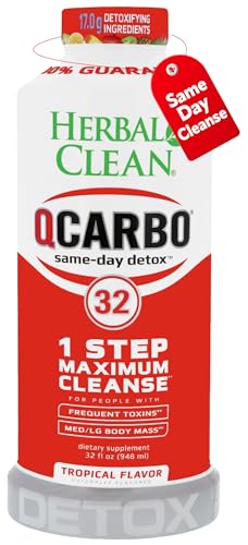 Herbal Clean Qcarbo32 Same-Day Detox Cleanse Drink (32 fl oz) - Tropical Flavor Full Body Cleanse* Detox Drink for Moderate Toxin Level*, Vitamin B2 and Vitamin B12 for Men & Women