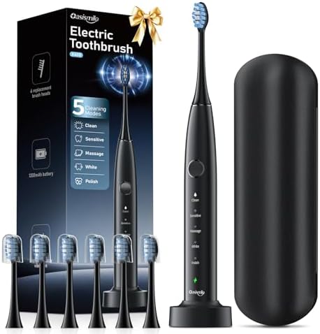OasiSmile Electric Toothbrush for Adults, 42000 VPM Sonic Toothbrush with Travel Case, 5 Modes for Sensitive Teeth and Braces, 6 Brush Heads, Wireless Charging, 100-Day Battery Life for Home Travel