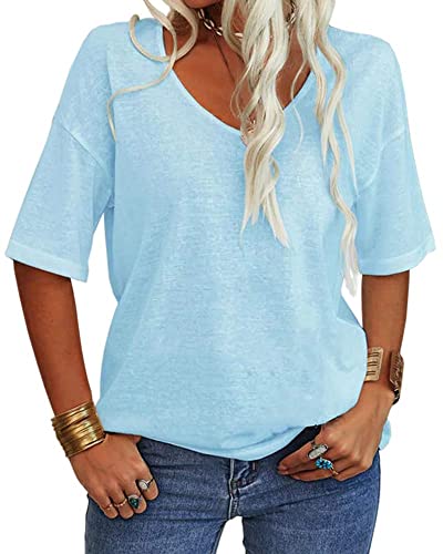 Tankaneo Damen V-Ausschnitt Kurzarm T-Shirt Casual Lose Basic Sommer Tops Halbarm Oversized Tunika Tee