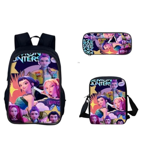 Generisch K POP Hunters Schulset – 3-teiliges Set mit Rucksack, Anime Schulrucksack Jungen & Mädchen, Umhängetasche & Federmäppchen,K-Pop Huntrix Gaming & Unisex Tasche für Schule & Reisen
