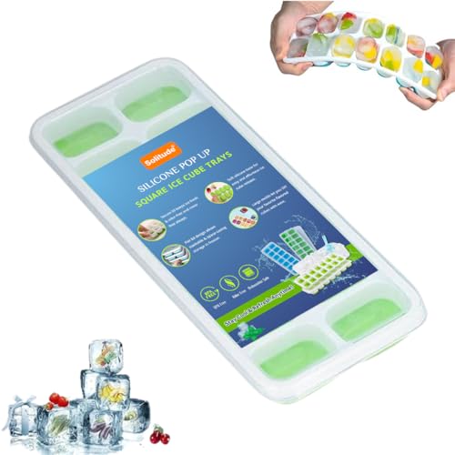Image of Solitude Silicone Pop Up Square Ice Cube Tray with 14 Cavities for Freezer with Lid Easy Release Flexible Bottom, Stackable Tray, 100% BPA Free, Food Grade for Freezer, Cocktail (1 Piece)