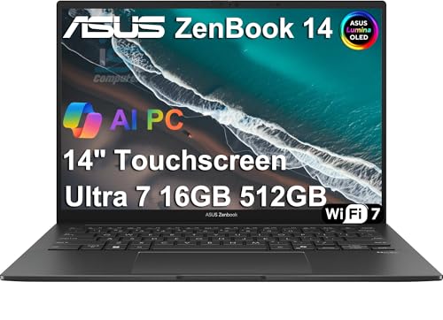 Image of ASUS Zenbook 14 OLED Touchscreen AI PC Laptop,14 inch FHD+, Intel Ultra 7 255H, 16GB DDR5, 512GB SSD,16-Core (> i9-13900H), Backlit, 2x Thunderbolt 4, Wi-Fi 7, IR Webcam, 18-Hr Battery, Win 11 Pro, UX3405