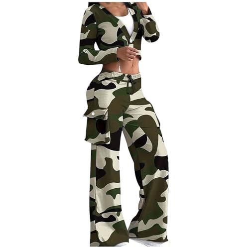 Generisch Damen Zweiteiler Set Elegantes Druckmuster Kurzes Oberteil Bequeme Hose Winter Kollektion Modische Freizeitoutfits Damen Große Größen Chiffon Abendanzug Sets Cocktail Party (Army Green, L)