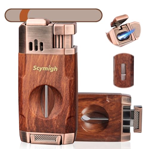 All-in-One Torch Lighter Built-in V-Notch Tool, Holder, Dual Windproof Jet Flame, Refillable Butane Lighter with Adjustable Flame, Fuel Window, Cool Lighters with Gift Box for Men, Candle, Outdoor