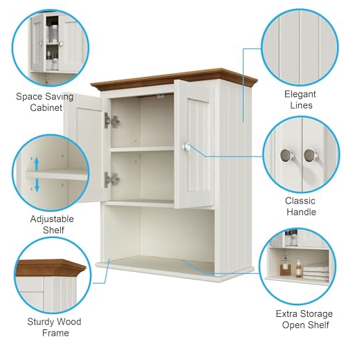 Image of Treocho Wood Medicine Cabinet with Doors, Bathroom Wall Cabinet | Rustic Bathroom Storage Cabinet, Adjustable Shelf, Open & Concealed Storage, 9.2 x 18.9 x 23.4 Inches, White & Brown