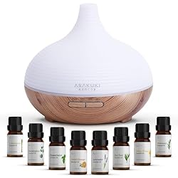 ASAKUKI 300ml Essential Oil Diffuser with 8 Oils, Wood Grain Oil Diffusers with 7 Colour Mood Lights, Auto Shut-Off & Timer, Ultrasonic Quiet Humidifier for Home, Bedroom or Office