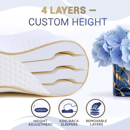 Image of Cervical Memory Foam Pillow-(2 Pack) 4-Layer Adjustable King Size Contour Design for Side Sleepers, Neck Support & Pain Relief, Orthopedic, CertiPUR-US Certified