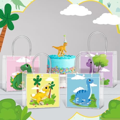 Image of Teenyyou 24 Pcs Dinosaur Clear Gift Bags with Handles Cute Dinosaur Party Favor Candy Snack Treat Bags for Birthday Baby Shower Dino Theme Party Supplies