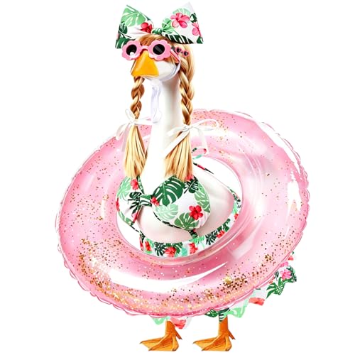 GJL Porch Goose Bikini Outfits with Inflatable Pool Ring Sunglasses & Wig Hawaiian Costume for 23 Inch Plastic Cement Goose Statue Summer Porch Goose Outfit for Pool Party Yard Lawn Garden Decor