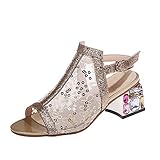 pearlzone Mesh Rhinestone Sandals for Womens Latin Mid Chunky Heel Dance Shoes Heeled Ballroom Salsa Tango Party Sequin Sexy Dance Shoes (gold,5.5)