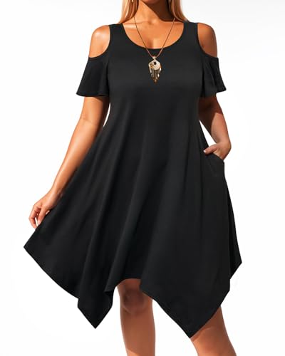 Pinup Fashion Plus Size Sundress - Summer Women Casual Cold Shoulder Handkerchief Hem Dress with Pockets