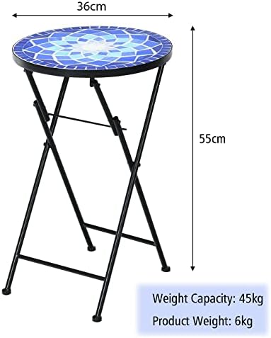 COSTWAY Folding Mosaic Side Table, 36cm Round Coffee End Table with Ceramic Tile Top & Non-slip Foot Mat, Indoor Outdoor Plant Stand for Living Room Patio Courtyard (Folding, Blue Flower)