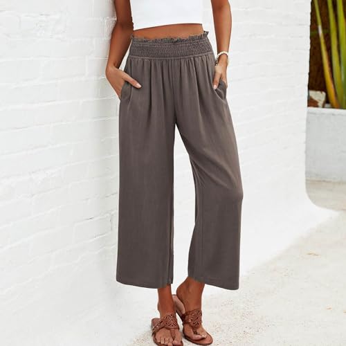 Womens Capri Pants with Pockets Summer Casual Wide Leg Palazzo Trousers High Waist Cotton Linen Capris Beach Outfits2