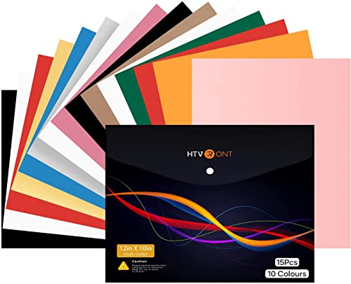 HTVRONT Vinilo de transferencia de calor 30,5 x 25,4 cm 15 hojas Vinilo HTV (PU) 10 colores surtidos Bonus One Teflon Sheet Iron On Vinyl para camisetas y telas, Teflon