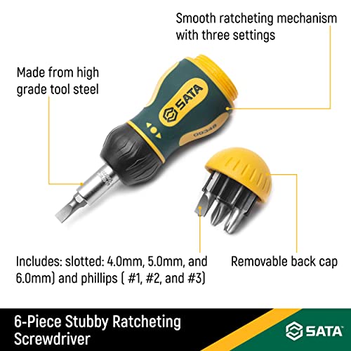 Sata 6-Piece Stubby Ratcheting Screwdriver Set With Three Ratcheting Settings And A Green And Yellow Storage Handle - St09348 #TOP1