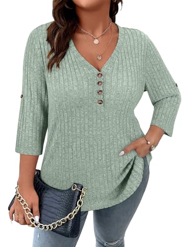 Image of Koscacy Women Plus Size V Neck 3 /4 Roll Sleeve Sweater Casual Knit Tops Solid Color Blouses