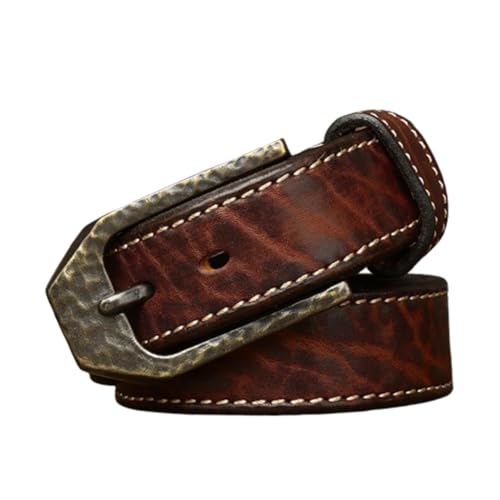 Distressed Leather Stitching Belt for Men Women- 5mm Thickened Washed Cowhide Strap, Vintage Solid Brass Embossed Buckle(115cm/45, Brown)