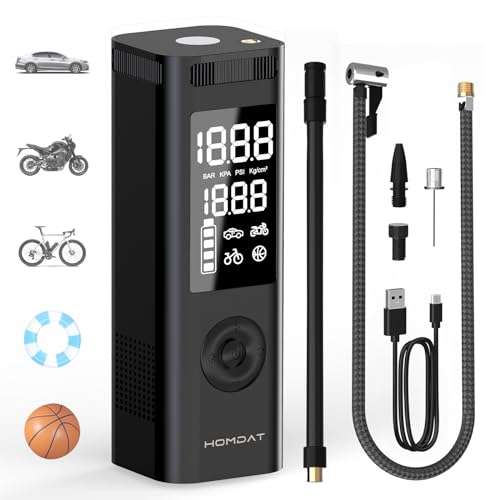 Homdat Bomba de Aire eléctrica con batería de 7800 mAh, Bomba de Bicicleta portátil de 150 PSI/10,3 Bar con Pantalla LCD, compresor de Aire Compacto de 12 V para neumáticos de Coche, Bicicletas,