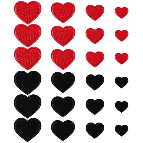 Lystaii 24pcs Heart Shape Iron on Patches Cute Mini Heart Iron-on sew-on Patches Embroidered Applique Decoration Patches Assorted Size Custom Patches for Clothing Jackets Jeans Hats Bags (Red, Black) Cover