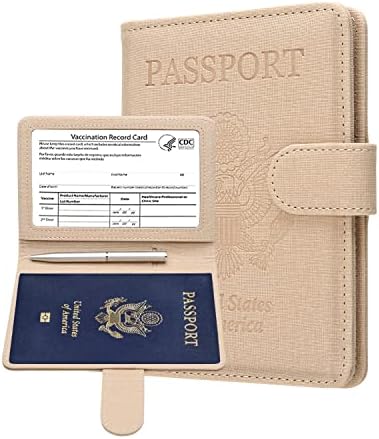MCmolis Passport and Vaccine Card Holder Combo,RFID Blocking Leather Cover Case Travel Documents Organizer Protector With CDC Vaccination Card Slot and Magnetic Buckle-Fabric Tan