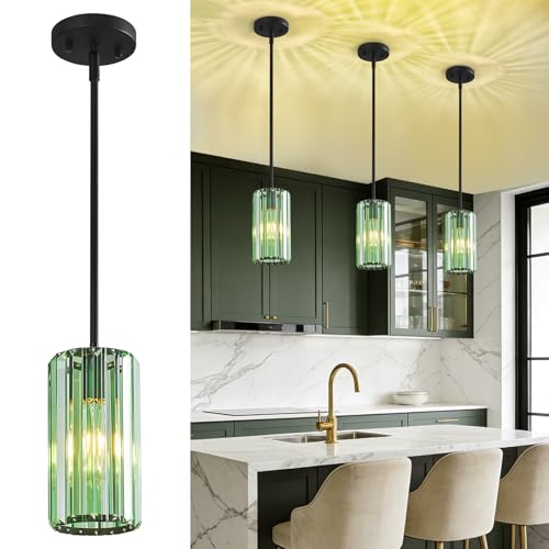 Image of Modern Crystal Pendant Light Mini Light Green Chandeliers Adjustable Pendant Lights Fixture for Kitchen Island Dinning Room Corridor Bedroom(Light Green 3-Pack)