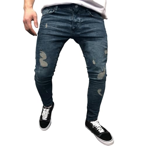 Jeans Pants Trouser Denim Ripped Hole Street Trendy Elastic Tight Washed Blue Pencil for Men