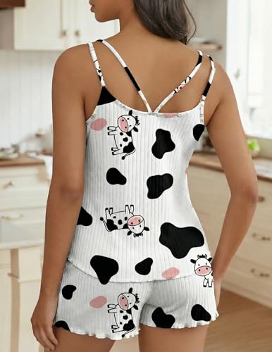 Image of Ekouaer Womens Cami Pajama Sets 2 Piece Ribbed Knit PJs Tank Top and Shorts Set Lingerie Sleepwear