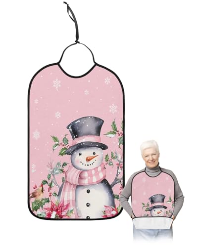 Jolunifun Pink Snowman Adult Bib for Adults Men, Women, Washable & Adjustable Terry Cloth Bib with Crumb Catcher Reusable Waterproof Clothing Clothes Protector Apron Christmas Flower Berry Snowflake
