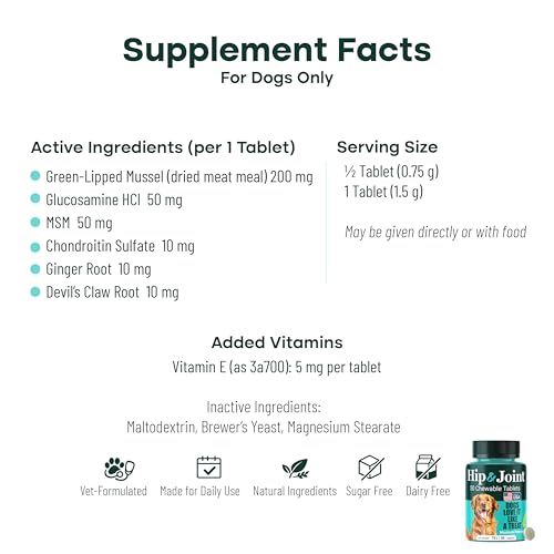 Natureflow Hip and Joint Supplement for Dogs 50ct, Power of Nature, Made in USA, Up to 100 Days Supply, with Green-Lipped Mussel, Glucosamine, Chondroitin, MSM & Devil’s Claw, for All Breeds