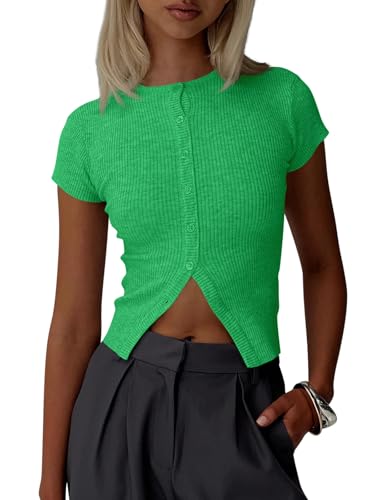 Image of Imily Bela Womens Short Sleeve Sweater Tops Summer Button Down Casual Ribbed Knit Slim Fit Cropped Cardigan Shirts