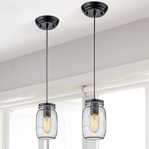 LMSOD Kitchen Island Light, 1 Lights Adjustable Pendant Lighting, Glass Mason Jar Hanging Lamp(2 Pack) Cover