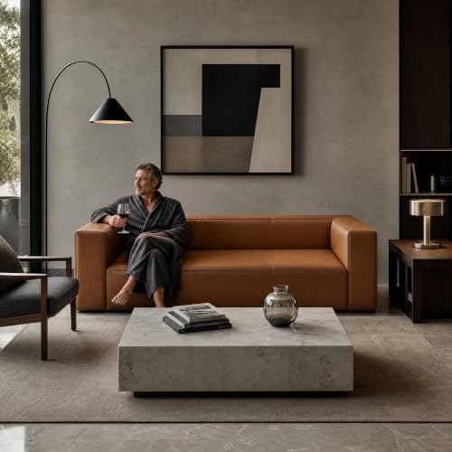 Image of Faux Leather Sofa, 92.5 inch, Modern Curved Luxury Couch for Living Room | 2026 New Luxury Curved Faux Leather Sofa with High-Stretch Upholstery, Ultra-Soft Comfort and Vintage-Inspired Style