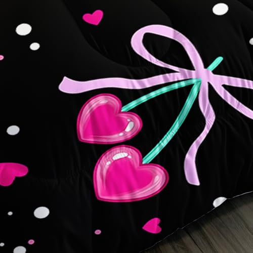 Image of AILONEN Pink Heart Cherry Comforter Full 3 Piece Black Coquette Aesthetic Bedding Set Girly Ribbon Bowknot Quilt Microfiber Y2K Room Decor Lightweight Breathable Pack Includes 2 Pillowcases