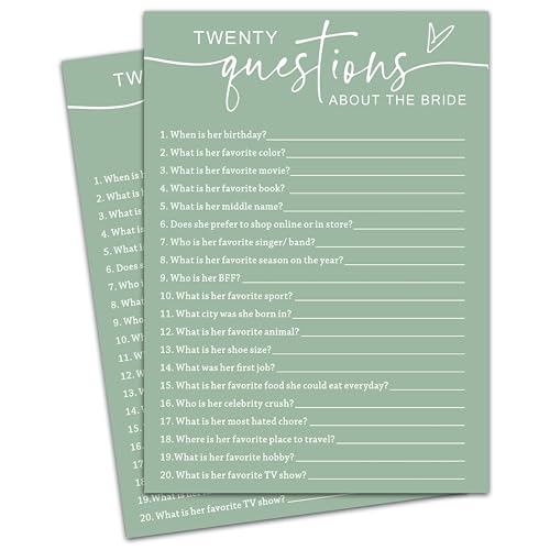 20 Questions About the Bride, Sea Green Bridal Shower Games, 30 E...