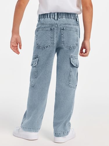 Haloumoning Boys Cargo Baggy Pants Elastic Waist Wide Leg Jeans Casual Demin Pants with Pockets 5-14 Years2