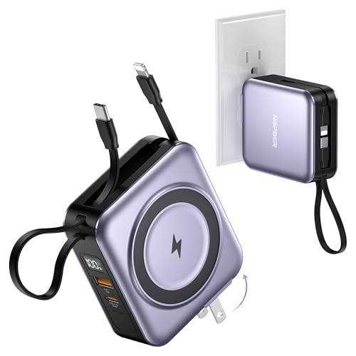 NOPBER 6-in-1 Magnetic Portable Charger 10000mAh – 22.5W Fast Charging with AC Wall Plug Built-in USB-C & Lightning Cables for iPhone 17/16/15/14/13/12, Android & Samsung ​(Silver Gray)