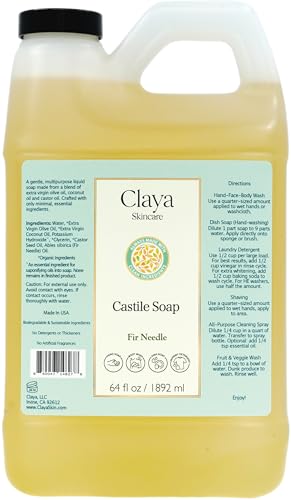 Claya Liquid Castile Soap – Organic Ingredients, Biodegradable, Gentle for Sensitive Skin and Versatile Use (64 fl oz, Fir Needle)