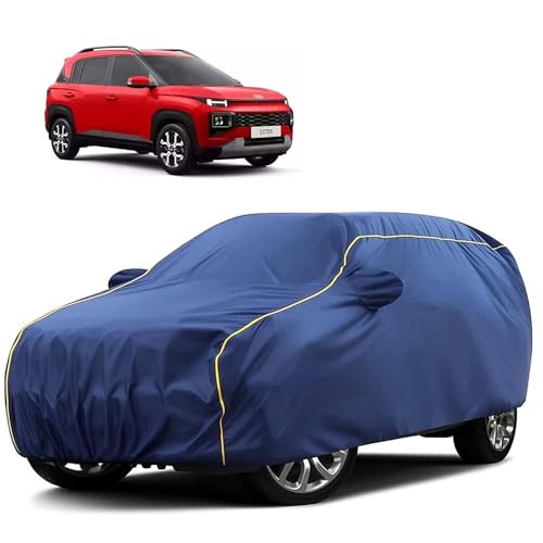 Image of Sulfar 100% Water Resistant Car Body Cover Compatible with Mirror for Hyundai Exter (Triple Stitched, Full Bottom Elastic, Blue Tafetta with Yellow Piping)