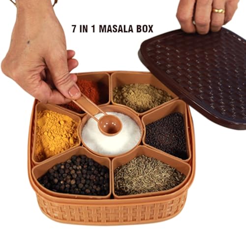 Image of Shuttle Art Multifunctional Plastic Square Shape 7 in 1 Classic Look Masala Rangoli Dabba Spice Box Set Ideal for Home and Kitchen (MULTICOLOR)