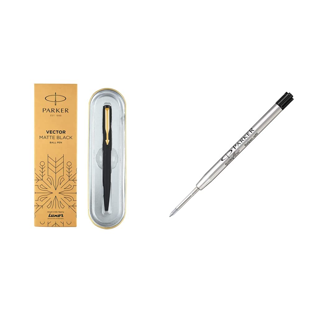 Parker Moments Vector Gold Trim Ball Pen (Black) & Parker Quink Flow