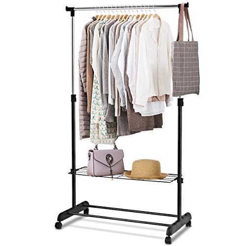 COSTWAY Single/Double Rail Garment Rack, Adjustable Metal Coat Hanger Storage Unit with Wheels and Bottom Shelf, Mobile Clothing Display Organiser Stand for Home Shop Bedroom (Single Rail+2 Shelves)
