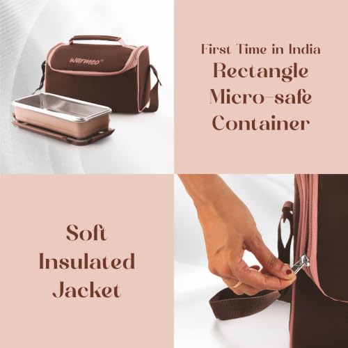Image of WARMEO Micro Meal Microwave Safe Lunch Box | 1 Rectangular Container 600ml + 2 Round Container 350ml Each | BPA Free I Stylish Durable Jacket I Ideal for Office,School,Outdoor, Picnic,Brown
