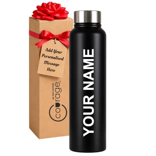 Image of Courage Personalised Stainless Steel Water Bottle 1 Litre | Custom Name Engraved Bottle | Leak-Proof, BPA-Free, Rust-Resistant | Stylish Gift for Kids, Women & Men | Office, School & Gym Use (Black)