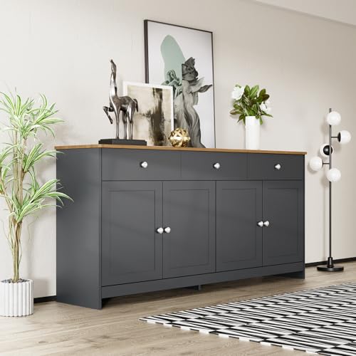 Sapgaks Moderne Buffet 160 × 37 × 75 cm, au Design Imitation Bois, AVCE 4 Portes et 3 tiroirs. Buffet latérale de Rangement Salon et la Salle à Manger, Tons Bois +...
