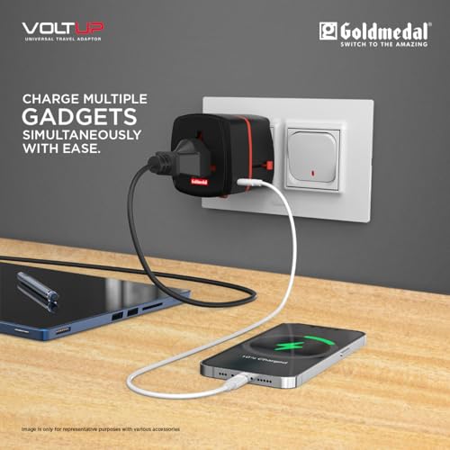 Image of Goldmedal Voltup Universal Travel Adapter with 2 Type-C & 2 Type-A USB Ports | PD Fast Charging Support | | Compatible with Multiple Plug Types | Perfect for International Travel | (Black)